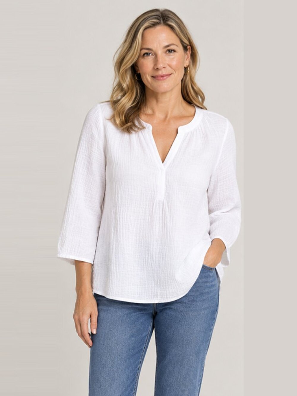 J. Jill Cotton-Gauze Split-Neck 3/4 Sleeve A-Line Popover Top White, size S/P